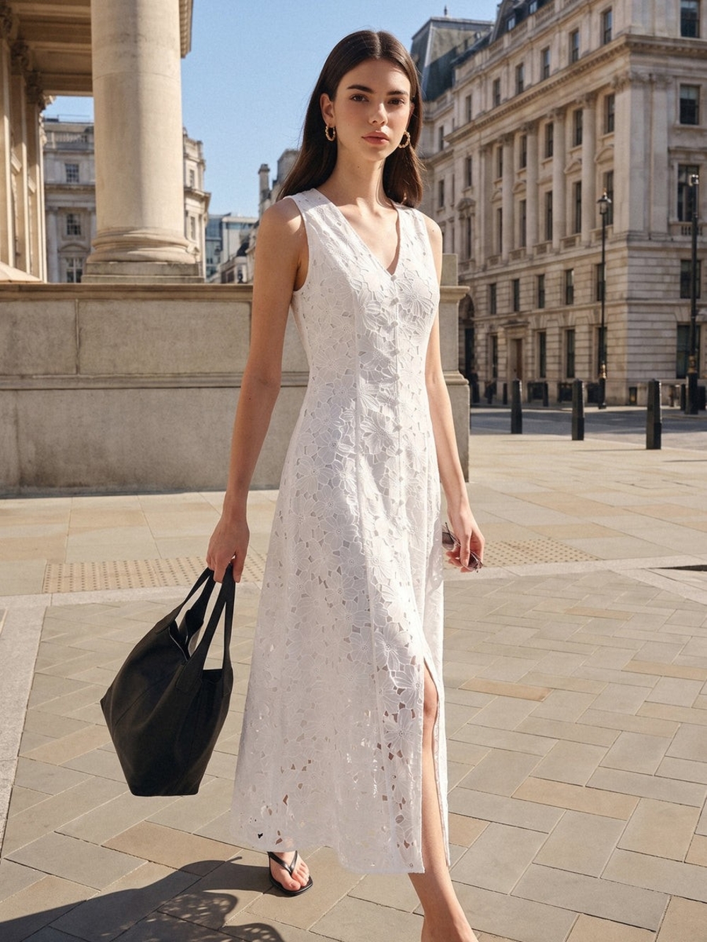 COMME SE White Lace V-Neck Maxi Dress by